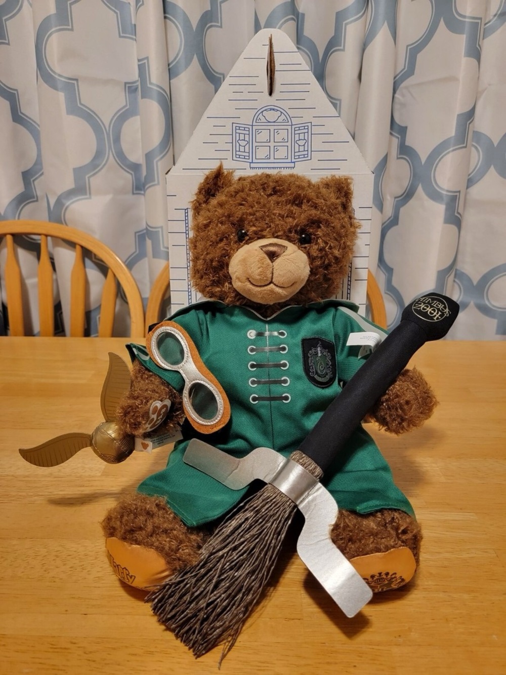 Build-A-Bear Brown Teddy in slytherin Wizard Robe with Broom and Goggles